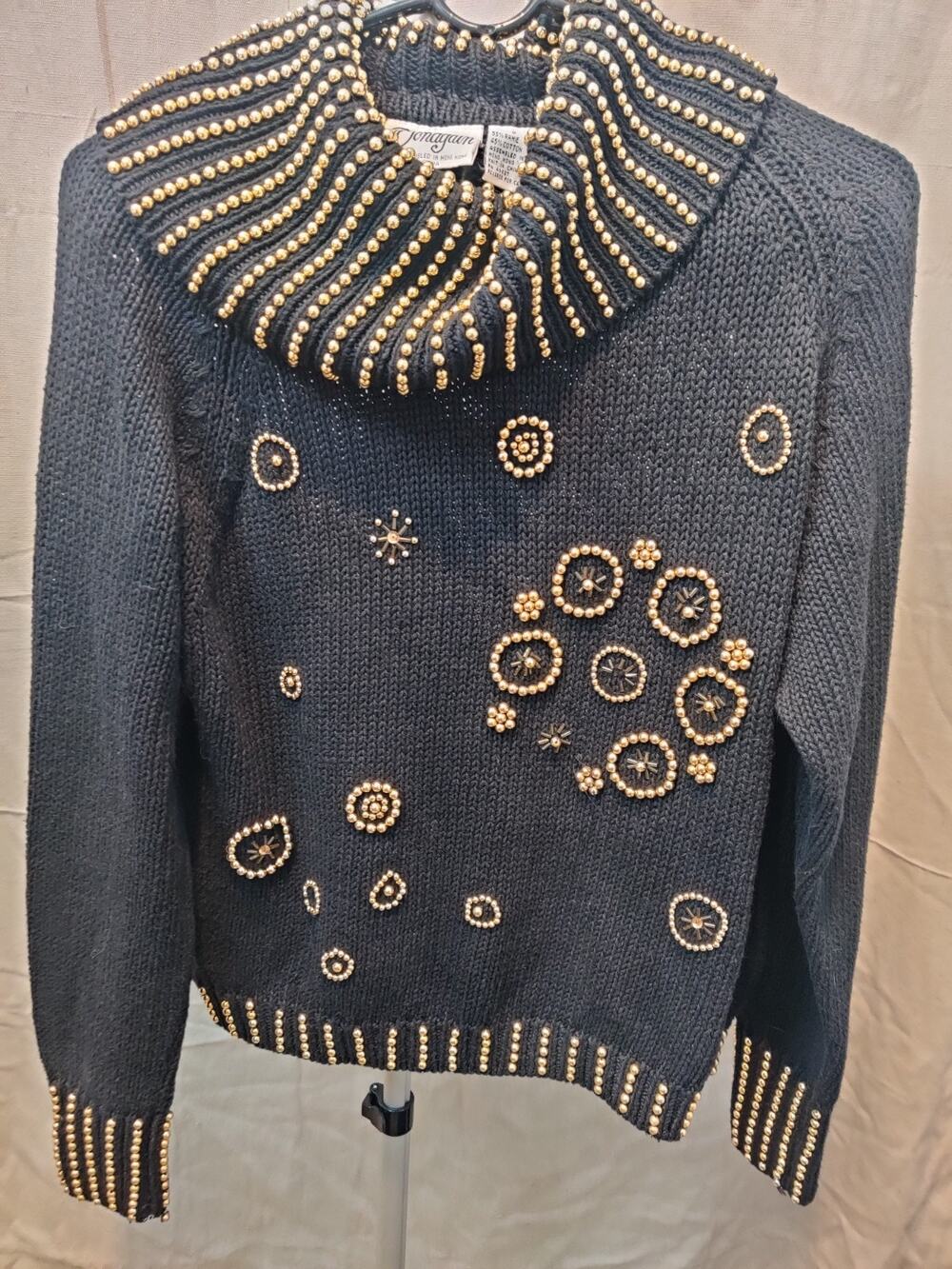 Vintage Donagain Sweater Women's Size Small Beaded Gold Black Cowl Neck
